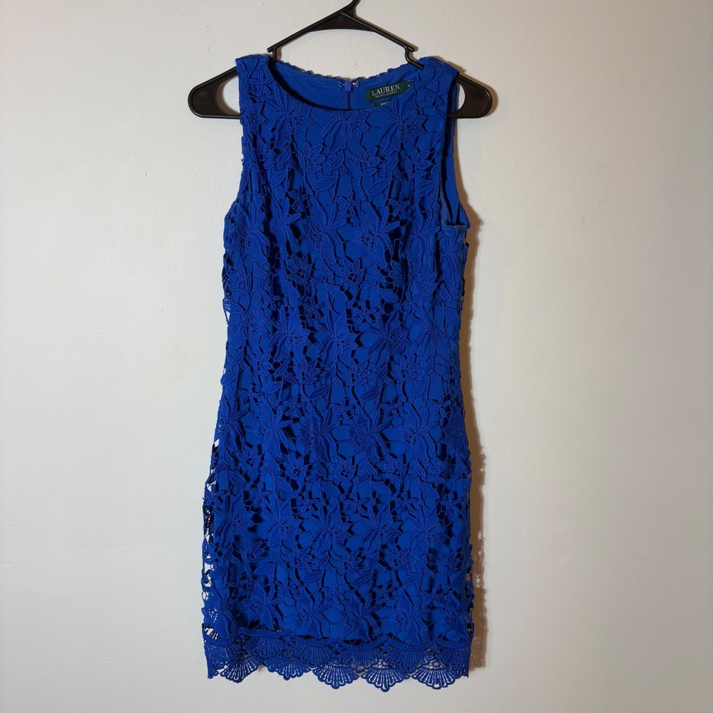 Lauren Ralph Lauren Cobalt Blue Lace Overlay Sleeveless Cocktail‎ Dress Size 6